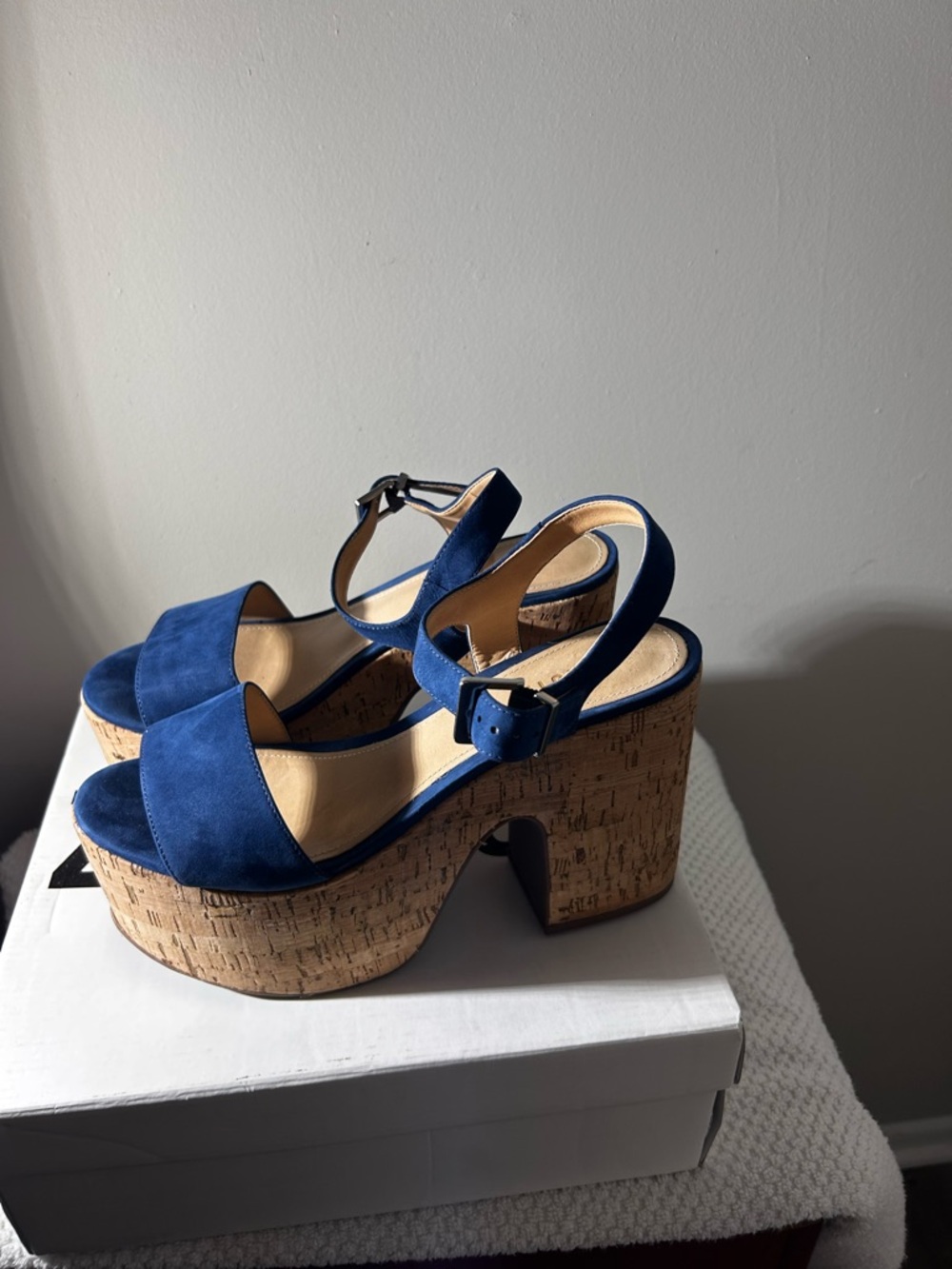Schutz Sz 10 Blue Suede Cork Platform Sandals - Picture 6 of 16
